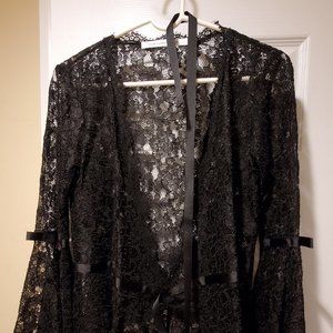 DVF Black Lace Bow Tie Bell Sleeve Wrap Ribbon Top